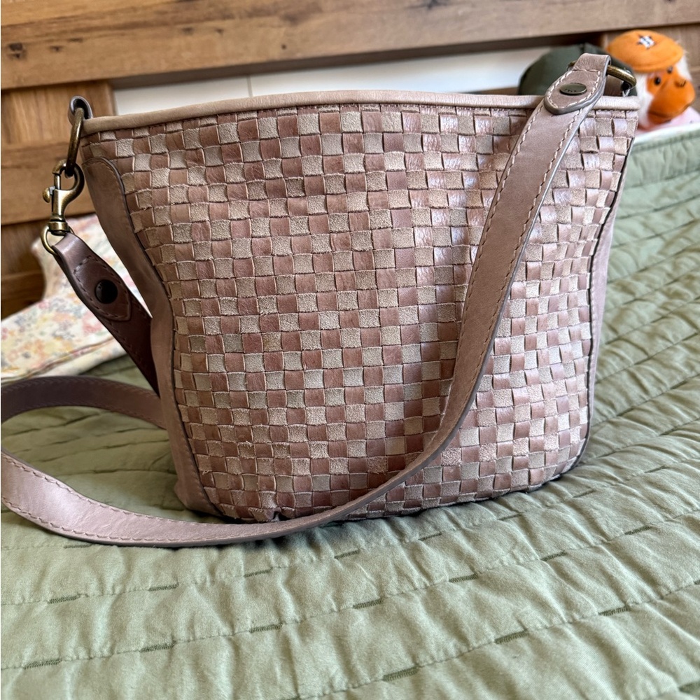 Frye Tan and Purple Crossbody Bag with Intricate Woven Design